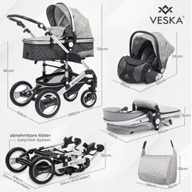 veska VESKA® 3 in 1 Kombi-Kinderwagen inkl. Babyschale, Buggy, Jogger mit Wickeltasche, Moskitonetz, Regencover, Spieltisch, Autoschale Fußsack, QuickFold, Aluminiumrahmen Silber - anthrazit/anthrazit