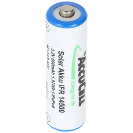 AccuCell 3,2 Volt Solar Akku Lithium IFR 14500 AA 600mAh LiFePo4 Akku mit Kopf ungeschützt 14,2 x 50,6mm