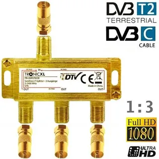 3-Fach Gold Koaxverteiler Antennenverteiler Verteiler Koax Buchse TV Splitter Adapter Ferseher Fernsehen Fernseh Verteiler