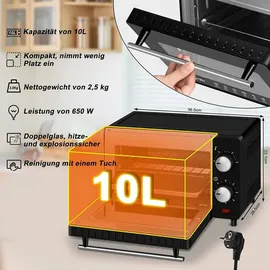 Woltu 10 Liter, 650 Watt Toasterofen Pizzaofen Backblech mit Timer 0-60 Min., Miniofen Grillrost Entnahmegriff, Schwarz