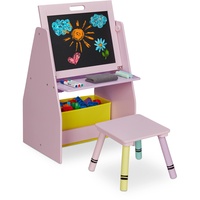 Relaxdays Kinderregal mit Tafel, Spielzeugregal mit 2 Fächern & Stoffbox, HBT: 84x52x45 cm, Spieltafel mit Hocker, rosa