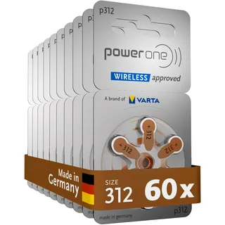 Power one Hörgerätebatterien Typ 312 braun, Batterien 60 Stück Vorratspack, wireless approved, Größe p312 für Hörgeräte und Hörhilfen, high hearing level, quecksilberfrei, Made in Germany