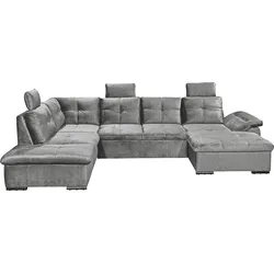 Wohnlandschaft ED EXCITING DESIGN "Alija U-Form", grau, B:334cm H:107cm T:217cm, 100% Polyester, Sofas, frei im Raum stellbar, Schlaffunktion, Kopfstützen, Armteilverstellung
