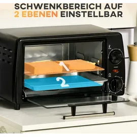 Homcom Mini Backofen 10 L 750W 100-230°C 60 Min. Timer mit Temperatur bis zu 230 °C Minuten Backblech, und Herausnehmbarer Bodenschale, Pizza-Ofen, Schwarz