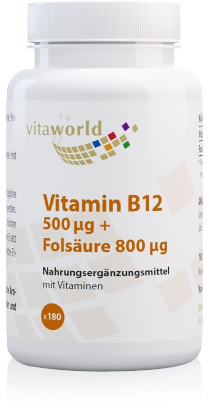 Vita World Vitamin B12 (500 mcg) + Folsäure (800 mcg) Tabletten für Frauen, die eine Schwangerschaft planen 180 TABL