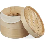 Relaxdays Dampfgarer, asiatischer Dämpfkorb mit 2 Etagen, für Dim Sum, Reis, Dampfgarer Einsatz, Ø 20,5 cm, natur, Hellbraun,