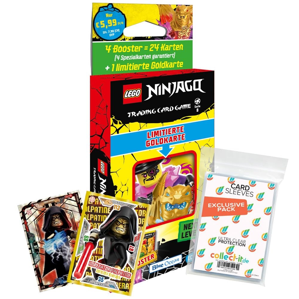 Bundle mit Lego Ninjago Serie 8 Next Level Trading Cards - 1 Blister (zufällige Auswahl) + 2 Limitierte Star Wars Karten + Exklusive Collect-it Hüllen