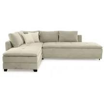 luma-home Ecksofa-Dauerschläfer, Doppelbett 306/223/95 cm Boxspring Federkern Ecksofa 306x223 Dauerschläfer, Bettkasten, Nachtkonsole, Schwenkteil beidseitig montierbar, Cord Beige Grau / 15161