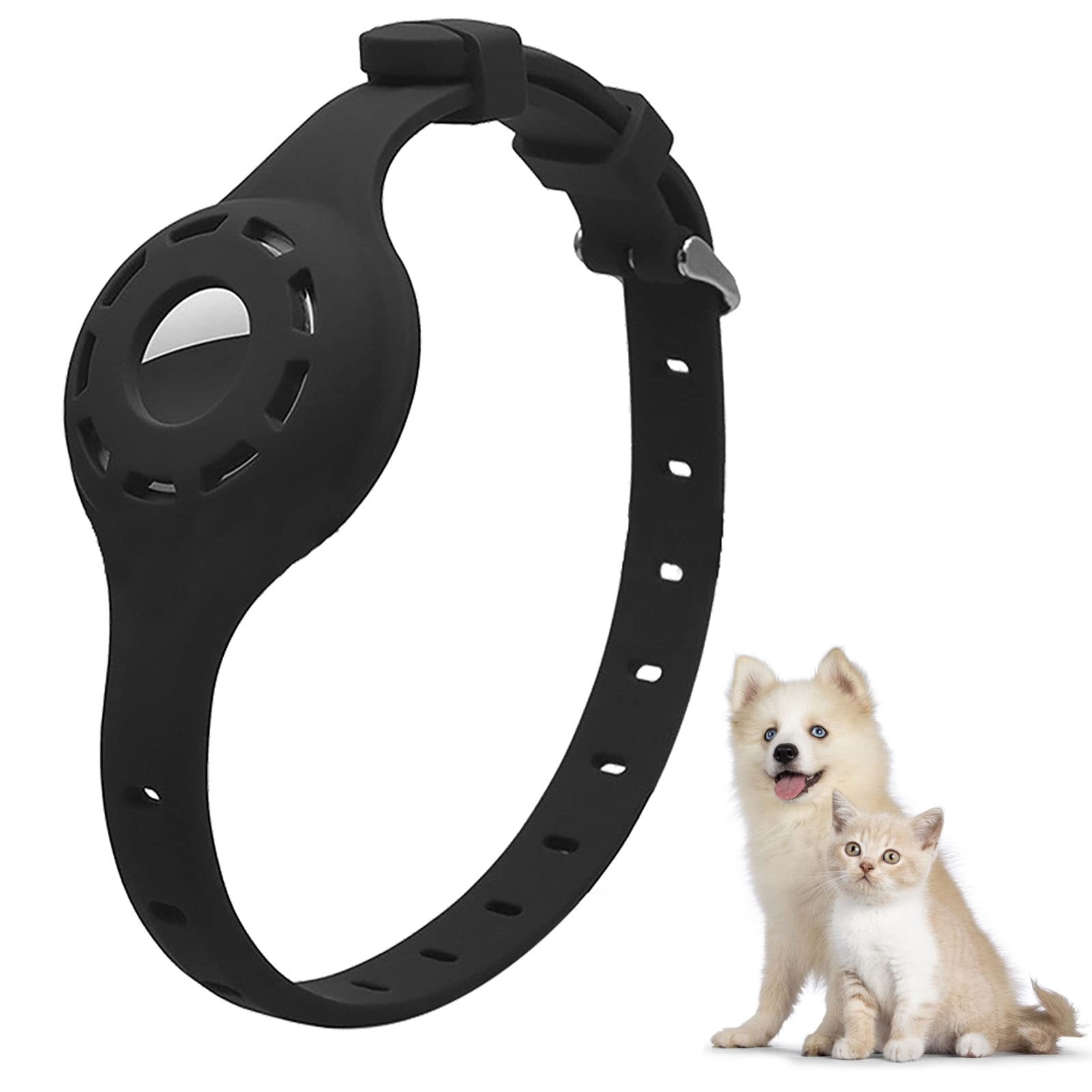 PUSHY.D Apple AirTag Hundehalsband Anti-Lost Verstellbares Silikon Leuchtende Airtag Schutzhülle Hunde- und Katzenhalsbandzubehör Geeignet für Große Mittlere und Kleine Hunde und Katzen(Schwarz)