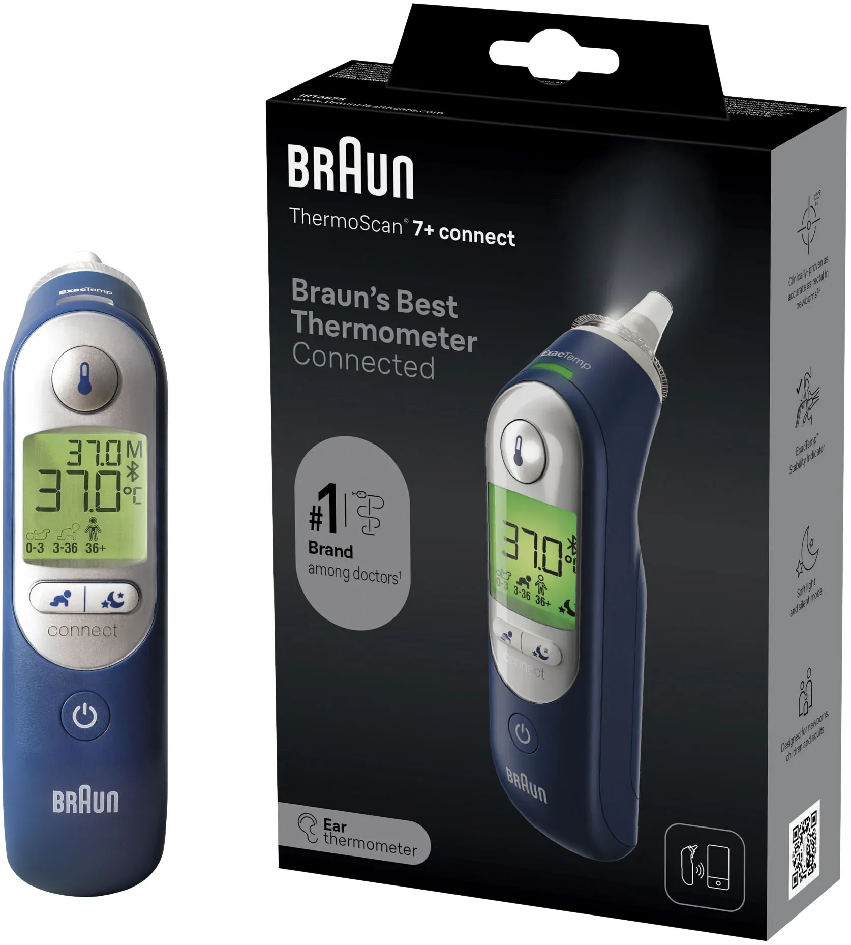 Fieberthermometer BRAUN "ThermoScan 7+ connect Ohrthermometer IRT6575NWE", blau, TemperaturmessgeräteB:6cm H:15cm T:4cm, Kunststoff, Für alle Altersgruppen geeignet, einschließlich Neugeborene, Bluetooth, B:6cm H:15cm T:4cm