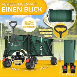 TRESKO Bollerwagen faltbar 215L mit Bremse Handwagen klappbar 150kg inkl. Vollgummireifen rot