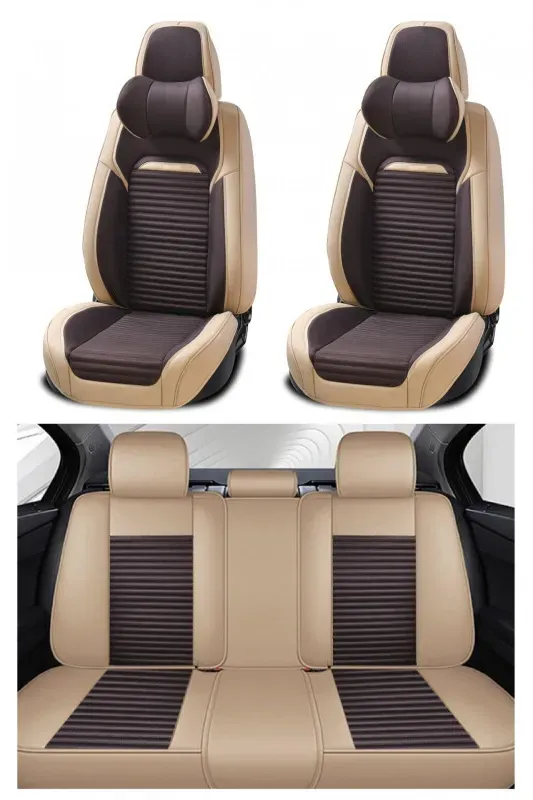 Komplettset: universelle Polsterung, Bezüge für Autositze, luxuriöses Öko‐Leder und hochwertiges Textil in Beige und K