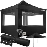 tectake® Alu Pavillon 3x3, Faltpavillon klappbar, wasserdicht, Partyzelt mit 4 Seitenwänden, inkl. Spannseile, Heringe und Tasche, Überdachung Balkon, Terrasse, Garten Pavillion - schwarz
