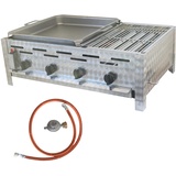 BSR-Grillen 4-flammiger Profi Gasgrill aus Edelstahl, stufenlos regelbar, Gasbräter, Gastrogrill, Gastrobräter mit Gasschlauch und Druckminderer (14,4 kW | Kombigrill 1/3 Grillrost 2/3 Pfanne)