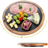 HALE OTEIR 360° Drehbare Akazienholz Servierplatte mit Schieferplatte | Rustikale Käseplatte, Steakbrett, Grillplatte & Sushi-Brett | Ideal für Fleisch, Käse, Tapas & Grillabende
