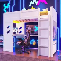 Hochbett, 90x200cm, Gaming Bett mit Schreibtisch, Mit LED-Leuchten, 1 USB-Anschlüssen, 1 Typ-C ausgestattet, Leiter, Schreibtisch, Schublade, Wäs...