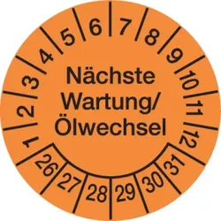 König Werbeanlagen Prüfplakette ab 26, Wartung/Ölwechsel Ø 30mm - Bogen = 10 Plaketten - 30 mm Folie selbstklebend