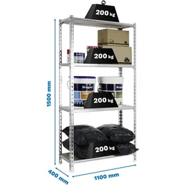Proregal Schwerlastregal Mid Muli HxBxT 150 x 110 x 40 cm 4 Fachböden Fachlast 200 kg Verzinkt