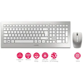 Cherry DW 8000, kabelloses Tastatur- und Maus-Set, EU-Layout (QWERTY), batteriebetrieben, ultraflache Tastatur, 3 Tasten-Maus mit Infrarotsensor, Weiß-Silber