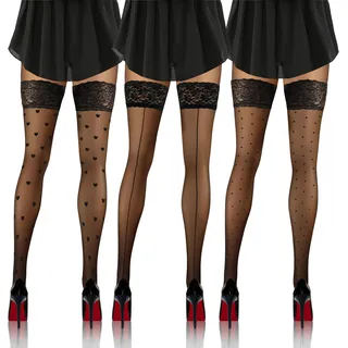 sesto senso 3 Pack Damen Halterlose mix naht Punkt Herz mit Rückennaht Muster 20 DEN Spitzenstrümpfe Schwarz 3/4 Naht - M-L