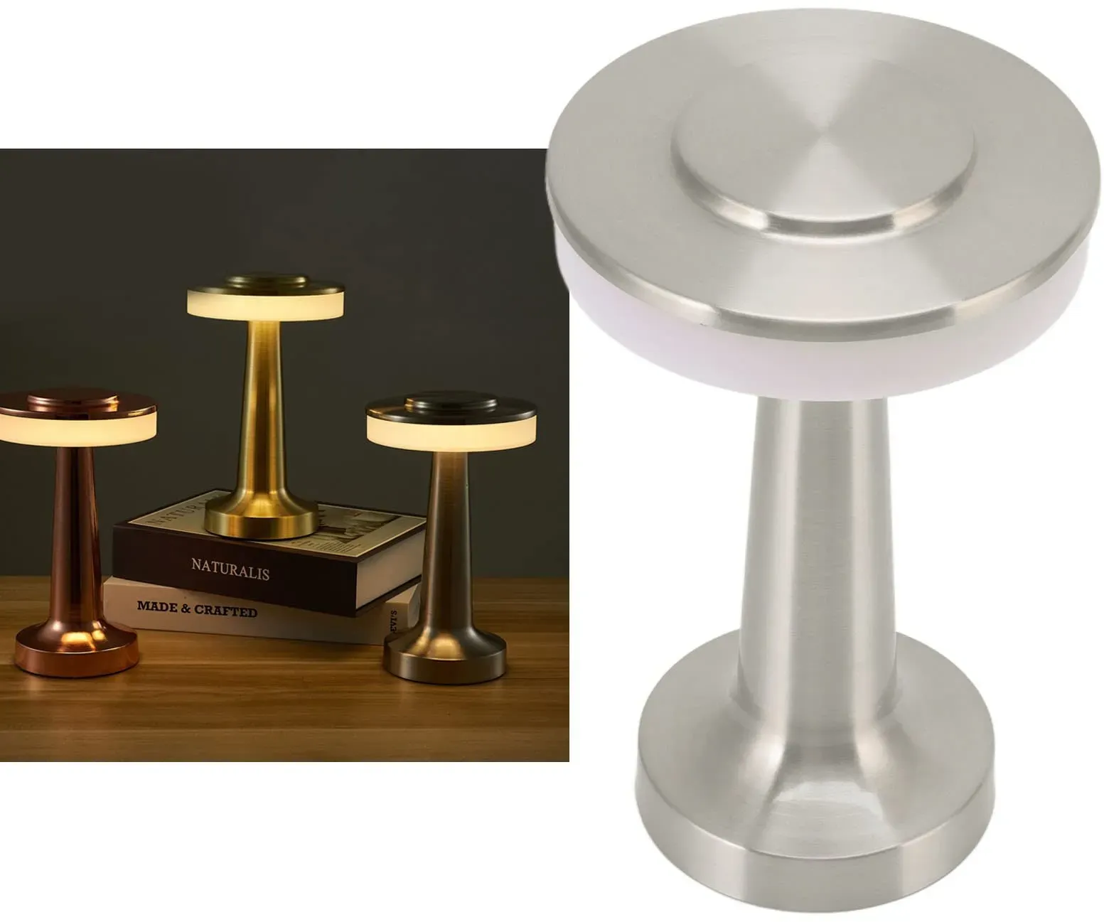 Touch-LED-Tischlampe, Tragbare LED-Tischlampe, Retro-Touch-Steuerung, 3 Stufen, Farbtemperatur, Wiederaufladbare Tischlampe, Nachtlicht FüR Hotel (Silber)