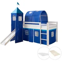 Homestyle4u Hochbett 90x200 mit Vorhang Turm Weiß, Blau, Holz, Kinder- & Jugendzimmer, Kindermöbel, Kinderbetten, Hochbetten