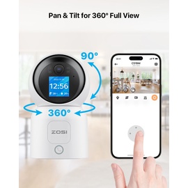 ZOSI 4MP WLAN Innen mit Monitor, 360° Schwenkbare Kamera für Baby, 2,4/5Ghz WiFi, KI Personenerkennung, Auto-Tracking, Gesture-Call, C519M