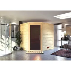 Sauna KARIBU "Mia (Fronteinstieg)", beige (naturbelassen), (ohne Ofen), Saunen, inklusive Ofenschutzgitter und Tür