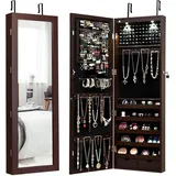 Costway - Led Schmuckschrank Mit Ganzkoerperspiegel, Schmuckregal Tür- Und Wandmontage, Haengender Schmuck Spiegelschrank Für Ringe, Kettenhaken Und Ohrringe Braun