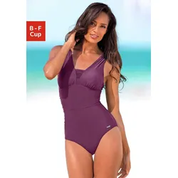 Badeanzug, mit Raffung am Ausschnitt und Shaping-Effekt, Gr. 40 - Cup B, aubergine, , 456909-40 Cup B