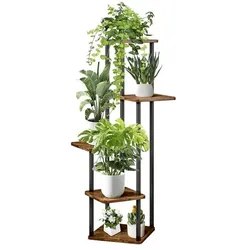 Relaxdays Pflanzenregal mit 5 eckigen Ablagen Dunkelbraun,Schwarz