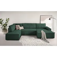Home Affaire Wohnlandschaft SHERWOOD 329 cm, U-Form, Schlafsofa,«, Schlaffunktion m. Bettkasten (194x139 cm), Cord, Vintage, Samtvelours, grün
