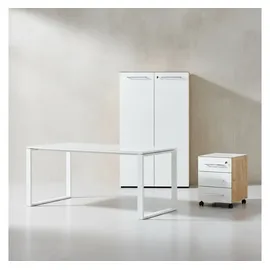 KADIMA DESIGN Büro-Set MUENCHEN | Schreibtisch Aktenschrank Container | Glasplatte Soft-Close Abschließbar | Chalet-Eiche-Nb./Weiß | Made in Germany | Kadima Design