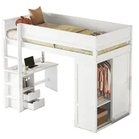 Rutaqian Hochbett Vielseitiges Kinderbett mit Kleiderschrank, Schreibtisch, 2 Schubladen (Hochbett aus Massivholz Einzelbett 90x200 cm,Ohne Matratze)