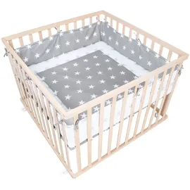 roba Laufgitter 100 x 100 cm Little Stars - Laufstall inkl. Schutzeinlage & Rollen - Baby Krabbelgitter aus Holz natur