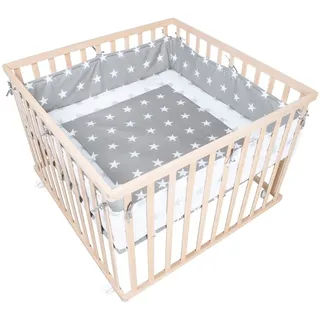 roba Laufgitter 100 x 100 cm Little Stars - Laufstall inkl. Schutzeinlage & Rollen - Baby Krabbelgitter aus Holz natur