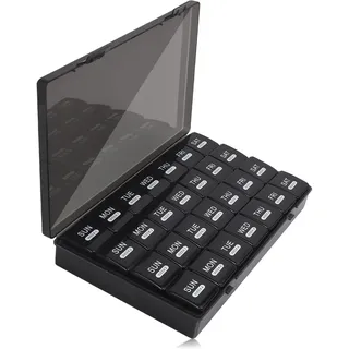 Tablettenbox 28 Tage, Happybase 4 Wochen Pillenbox Medikamentenbox, Monat Tablettendose Pillenbox, große Fächer, Medizin-Organizer für Vitamin-Organizer, Nahrungsergänzungsmittel, Fischöle (Schwarz)