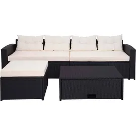 Mendler Poly-Rattan Garnitur HWC-J34, Balkon-/Garten-/Lounge-Set Sitzgruppe Sofa, Staufach ~ schwarz, Kissen creme-beige