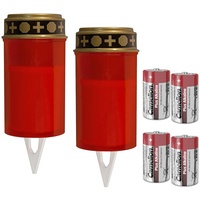 MARELIDA LED Grablicht SET rot - inklusive Batterien - Flackerflamme - inkl. Timer - Erdspieß - LED Grabkerze