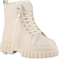 VAN HILL Damen Warm Gefütterte Plateau Boots Stiefeletten Blockabsatz Schuhe Profilsohle Schnürer Kunstfell Booties 201799 Beige 40 - 40