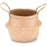 Decorasian Seegras Korb rund geflochten, Körbe zur Aufbewahrung und als Blumenkorb - Übertopf in Bast bzw. Rattan Optik - Seegraskorb mit Henkel zum Tragen - Wäschekorb - 25cm