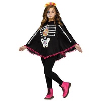 Fun World Kostüm Dia de los Muertos Poncho, Schwarzer Überwurf mit Skelett-und-Rosen-Druck schwarz