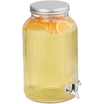Relaxdays Getränkespender, Limobehälter geriffelt, 5 L, Zapfhahn & Deckel, Wasserspender, Glas & Eisen, transparent