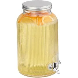 Relaxdays Getränkespender, Limobehälter geriffelt, 5 L, Zapfhahn & Deckel, Wasserspender, Glas & Eisen, transparent