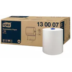 Tork Waschstation Papierwischtücher, W6, 1-lagig, Für anspruchsvolle und luftfeuchte Umgebungen in der Lebensmittelverarbeitung, 1 Karton = 6 Rollen à 250 Meter, weiß