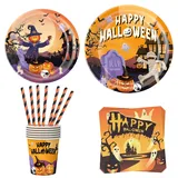 Halloween Geschirr 50-teiliges Set, ASSUGO Halloween Partygeschirr Set aus Pappteller Becher Strohhalme, Halloween Tischdeko für Kinder, Grusel Party, Garten (10 psc)