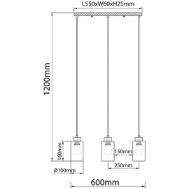 GLOBO Hängeleuchte 3-flg. 60 cm rechteckig Braun Holz/Glas