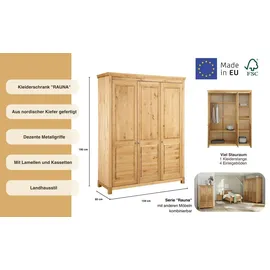 otto home Kleiderschrank OTTO HOME "Rauna, mit Lamellen und Kassetten, klassischer Landhausstil, rustikal", beige (natur geölt), B:159cm H:195cm T:60cm, Massivholz, Schränke, Kleiderschrank, massive Kiefer, Metallgriffe, mehrere Varianten, zeitloses Design