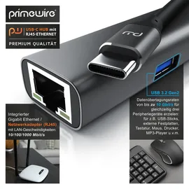 Primewire - USB C HUB mit RJ45 Ethernet - 10/100/1000 Mbit/s - Gigabit Ethernet, LAN Network Adapter - 3 x USB 3.2 Gen.1 A Ports - Notebook