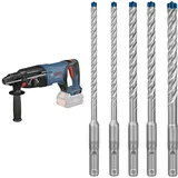 Bosch Professional 18V System Bohrhammer GBH 18V-26 D (ohne Akku, Wechselfutter SDS Plus, im Karton) + 5x Expert SDS plus-7X Hammerbohrer Set (für Stahlbeton, Ø 6-10 mm, Zubehör)